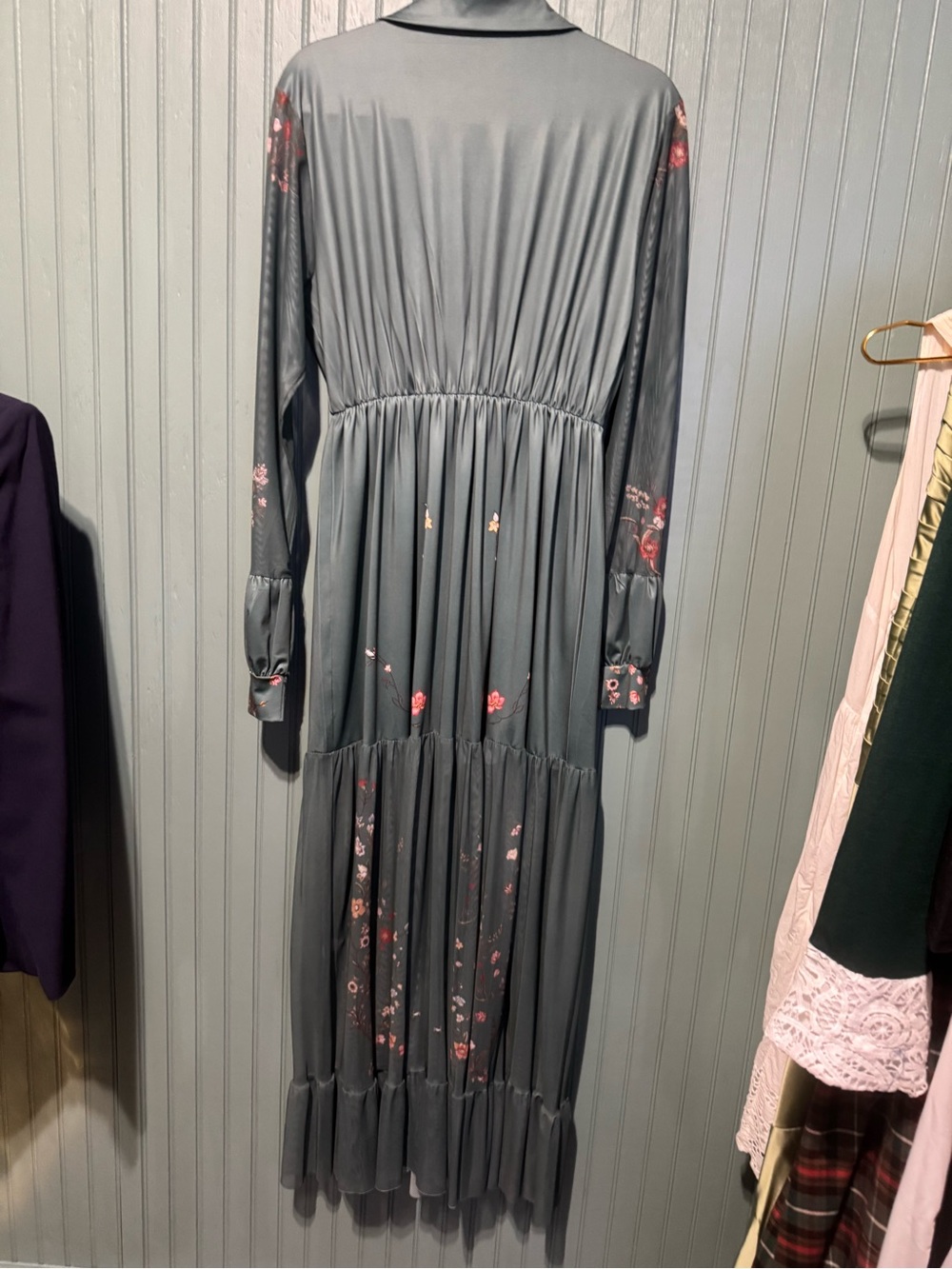 Source Unknown gray green Maxi Dress with Pink & Orange Floral Embroidery - Picture 5 of 5